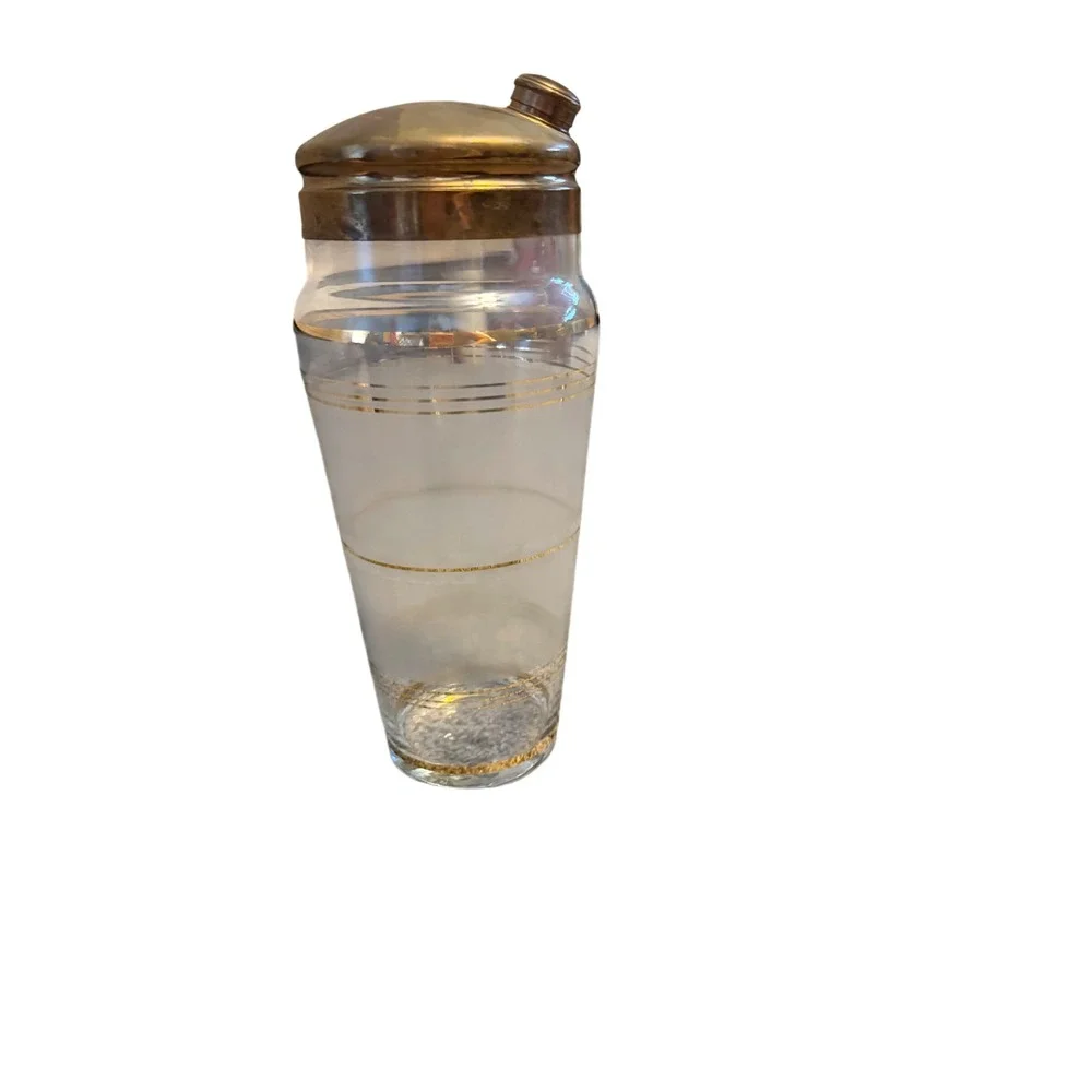 Vintage Frosted Glass Cocktail Shaker Gold Banded MCM Barware with Metal Lid